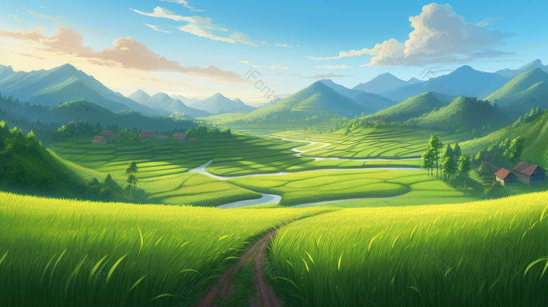 春夏浓绿蓝天白云梯田稻田风光户外大场景,插画/手绘图,插画/手绘图库,插画/手绘图下载,插画/手绘